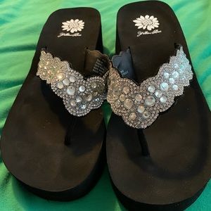 Yellow Box sandals I had to buy b/c husband left mine at home. Worn once